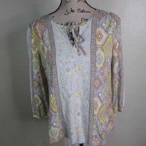 Crosby Blouse M Boho 3/4 Sleeve Yellow Orange Gray